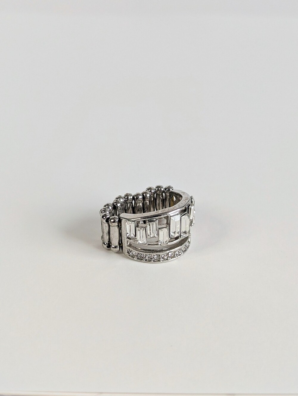 Vintage Silver Rhinestone Stretch Ring Lot Crystal Baguette Statement Pack 3pc - Picture 3 of 14